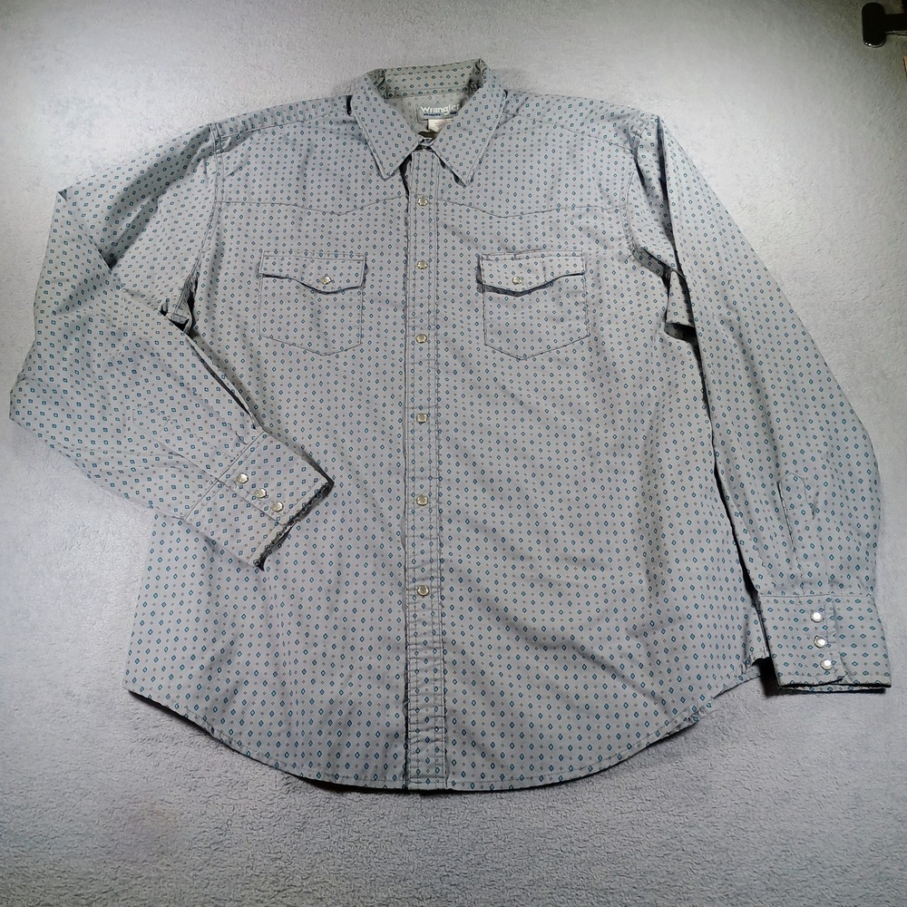Wrangler Mens Wrancher Grey XL Pearl Snap Western Shirt Diamond Print